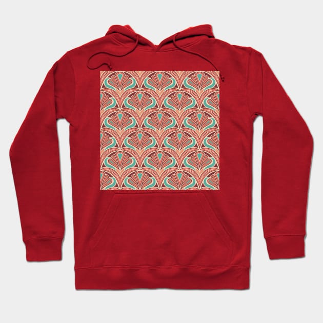 Coral and Teal Vintage Scales Hoodie by Carolina Díaz